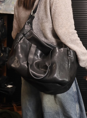 独行野兽男女同款头层牛皮大容量多隔层洗水皮大托特手提单肩斜挎