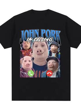 John Pork Is Calling幽默猪模因设计短袖T恤男女情侣款个性上衣h