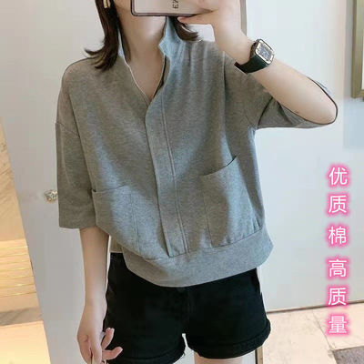 2025年夏季新款韩版半拉链百搭休闲套头短袖t恤卫衣外套女薄款潮