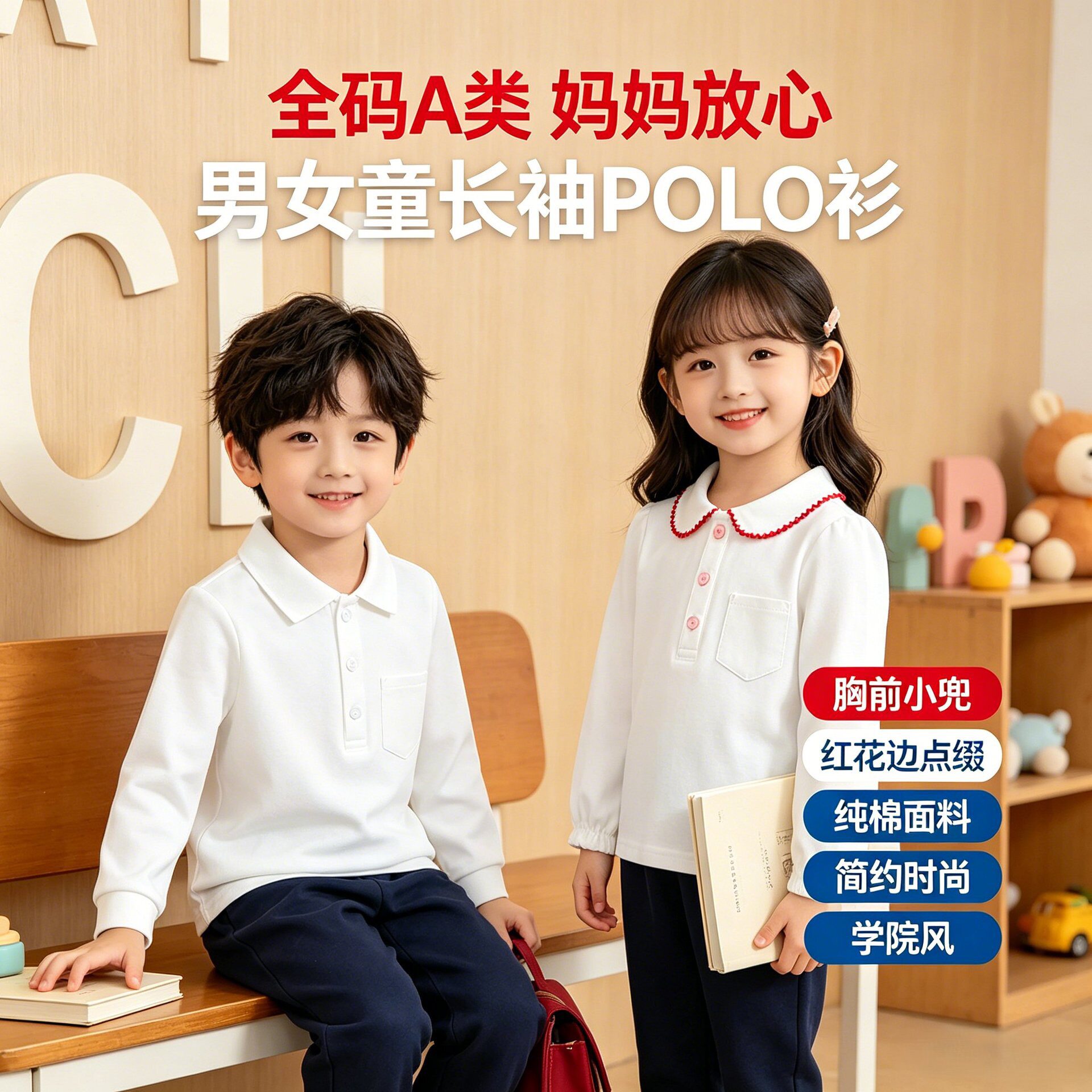 儿童春秋学院风纯棉长袖POLO衫