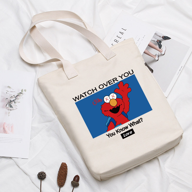 芝麻街帆布包包斜挎女日系大学生上课用单肩袋大容量手提带拉链的