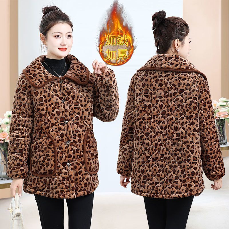 四川省服新款妈妈豹纹宽松罩衣外穿加绒加厚棉衣罩衣居家保暖棉服