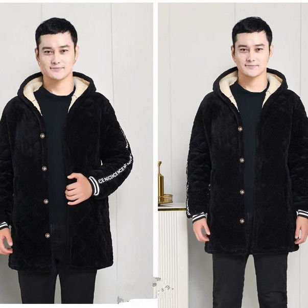 四川省服男罩衣棉衣加绒加厚连帽新款工作服长款外套纽扣罩衣宽松