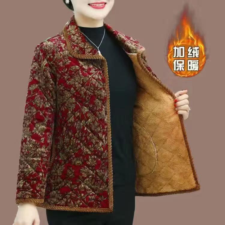 四川省省服妈妈装秋冬新款加绒棉袄中老年女时尚洋气宽松保暖印花
