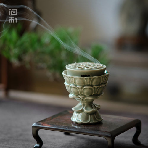 问朴 越窑青瓷莲花台香炉陶瓷熏炉中式摆件茶道手工荷花香插 - 封面