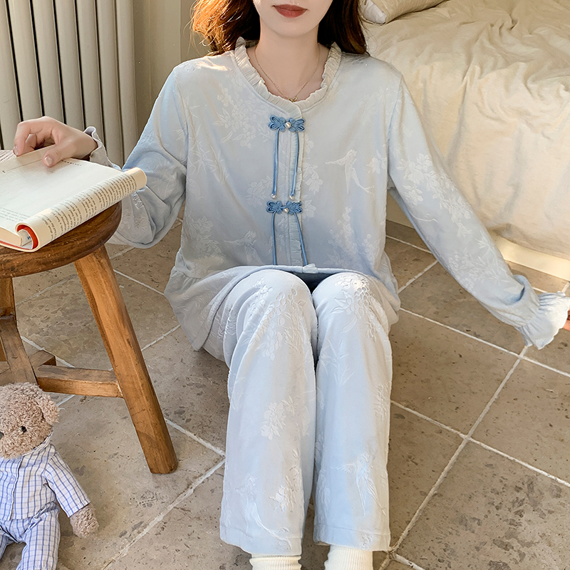 秋冬新中式保暖海岛绒睡衣女套装