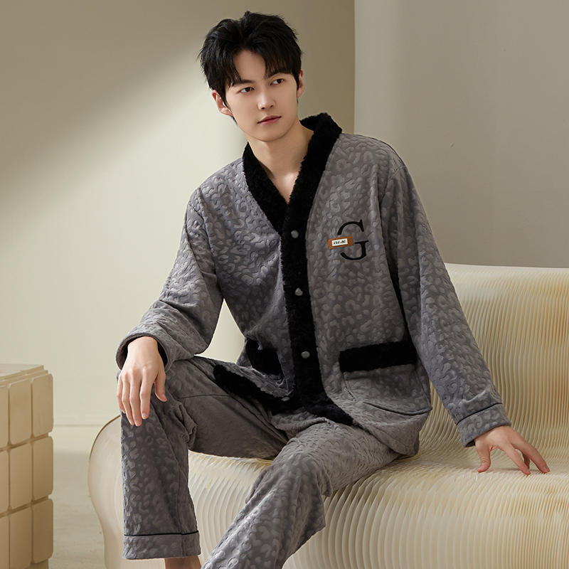 睡衣男士秋冬款海岛绒加厚保暖长袖珊瑚绒男款家居服春秋大码套装
