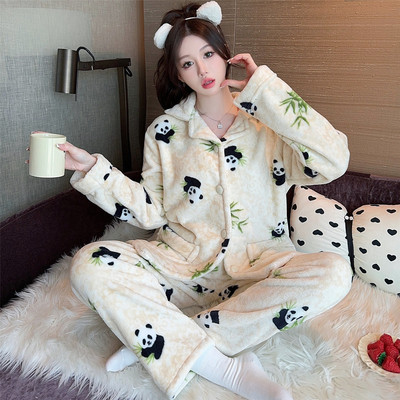 珊瑚绒睡衣女秋冬季加绒加厚套装