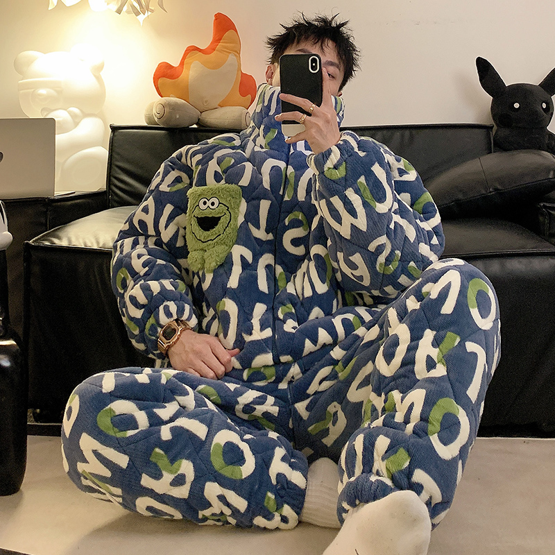 秋冬季珊瑚绒男睡衣三层夹棉套装