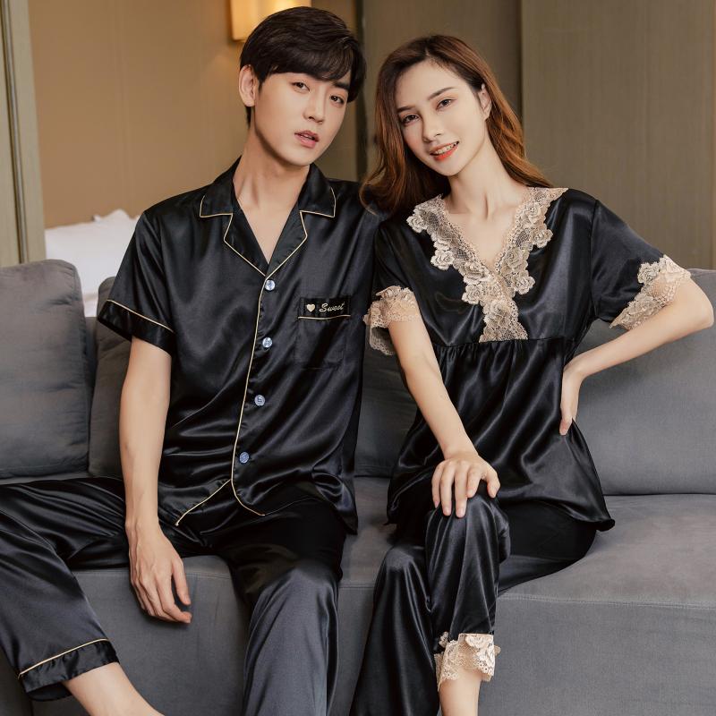 性感短袖长裤男士丝绸情侣睡衣