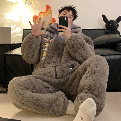 男加绒加厚珊瑚绒三层夹棉袄套装