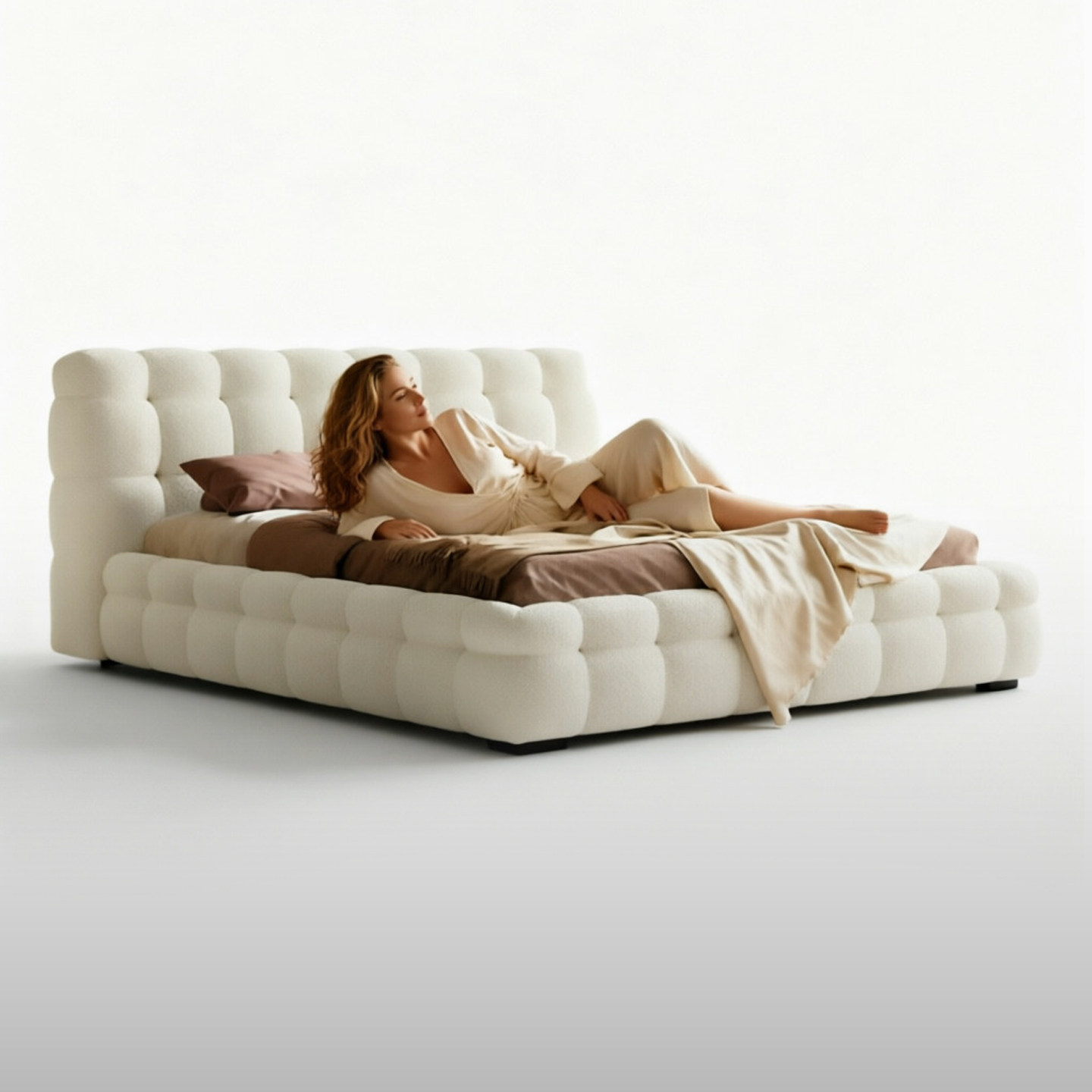 轻法式奶油风棉花糖布艺床意式复古现代简约中古主卧羊羔绒双人床