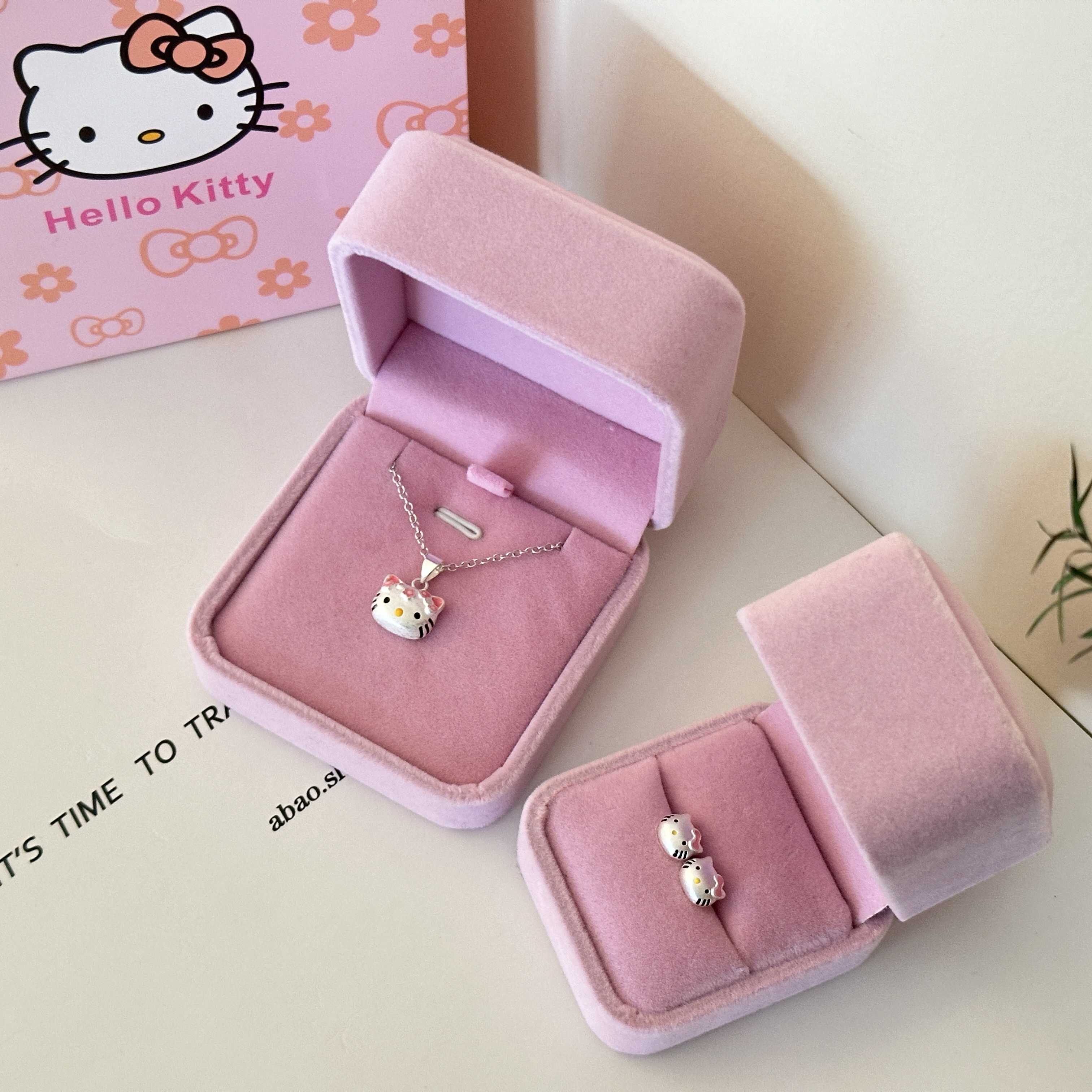 纯银十字链女Kitty项链耳钉