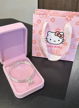 生日礼物999足银三圈铃铛实心手镯女闭口多层叠戴纯银镯子送闺蜜