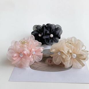 2025款 轻奢气质高级感网纱花朵珠珠蝴蝶结碎发夹发饰7cm