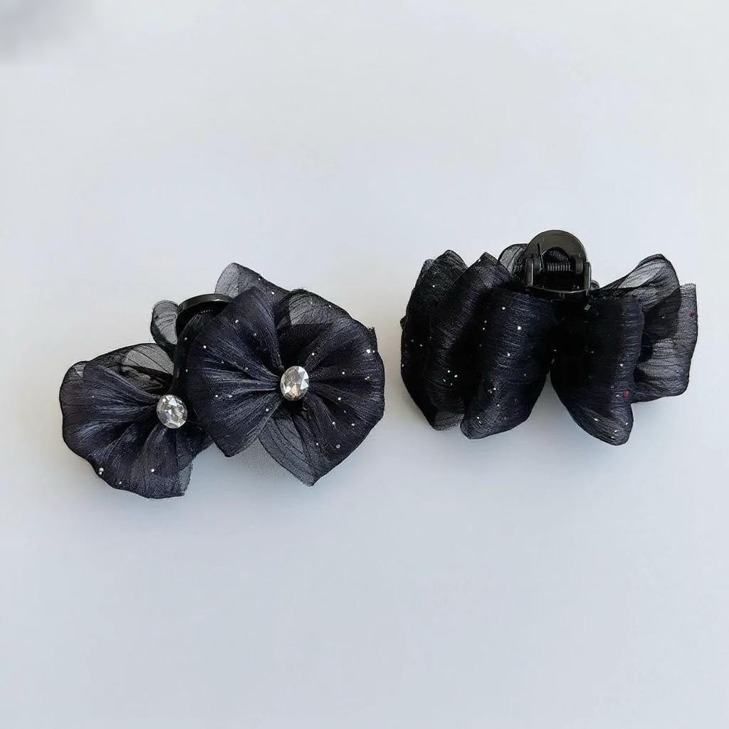 春夏新款百搭高级感小清新ab面网纱蝴蝶结水钻半扎发抓夹发夹7cm