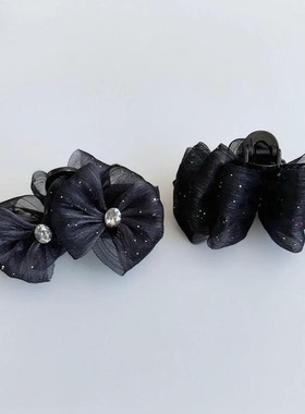 春夏新款百搭高级感小清新ab面网纱蝴蝶结水钻半扎发抓夹发夹7cm