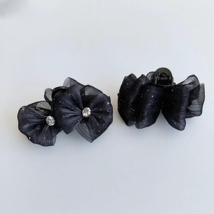 春夏新款百搭高级感小清新ab面网纱蝴蝶结水钻半扎发抓夹发夹7cm