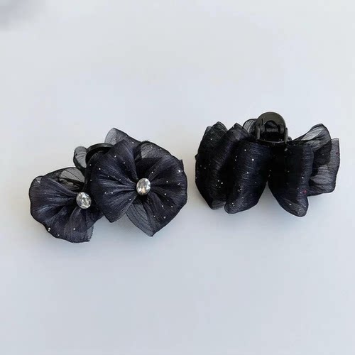 春夏新款百搭高级感小清新ab面网纱蝴蝶结水钻半扎发抓夹发夹7cm