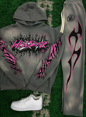 2025外贸跨境新款春季新款男士时尚卫衣连帽喇叭裤套装厂家直销