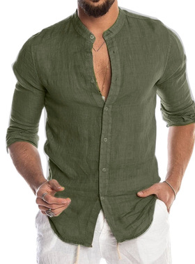 亚马逊ebay速卖通爆款男上衣春秋棉麻新款开衫立领纯色衬衫男长袖