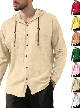 欧美健身2026新款春夏男士连帽T恤衫纯色棉麻男士休闲长袖上衣