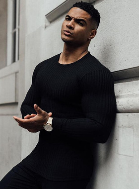 秋冬季新款运动休闲男士修身长袖t恤 欧美时尚健身男装针织打底衫