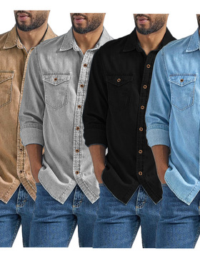 欧美牛仔男衬衣亚马逊健身男士春秋开衫wish欧版加大码衬衫T恤