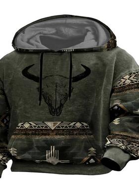 欧美外贸斗牛新款长袖连帽卫衣男迷彩潮牌宽松3D印花套头连帽衫