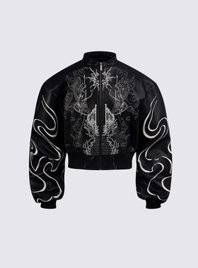 哥特风设计感刺绣短款皮衣男女秋季立领机车短袖夹克外套