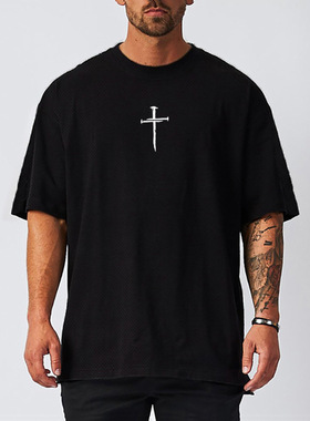 欧美健身短袖男夏季速干网孔Oversized训练服T恤男透气上衣超大码