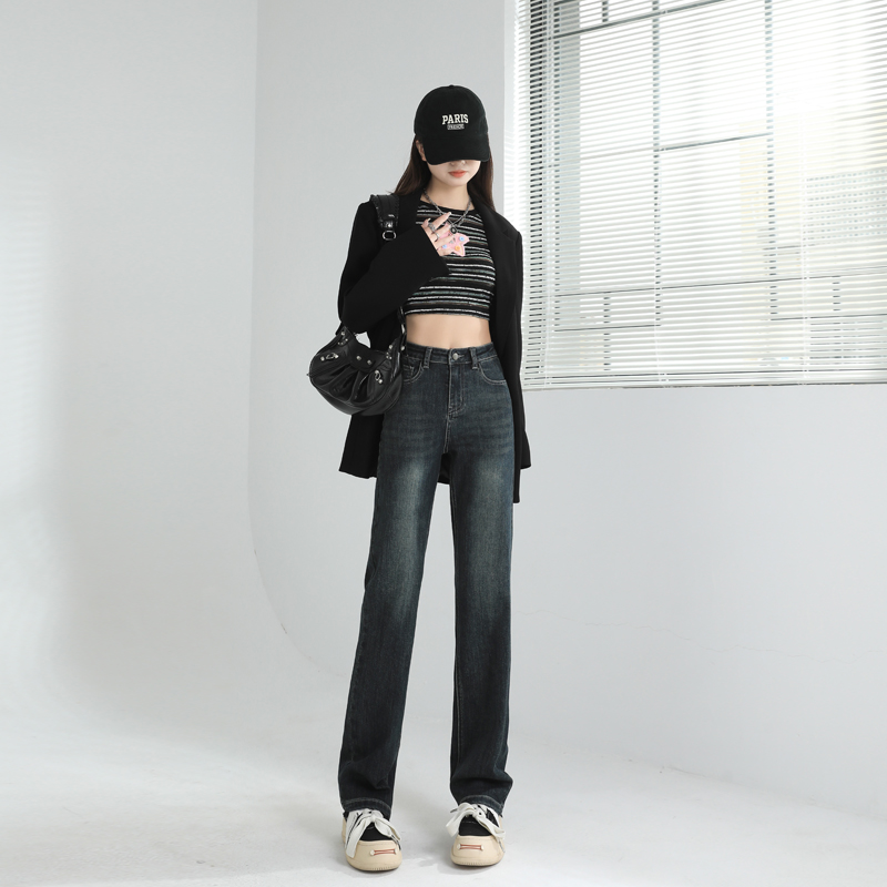 高腰窄版直筒牛仔裤女2024秋冬新款显瘦加绒烟管裤高个子拖地裤子