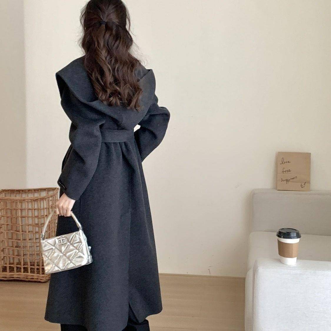 新款高端羊毛大衣双面秋冬大衣宽松气质长款女装外套带帽年轻毛呢