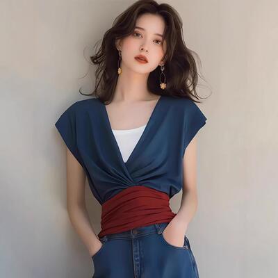 法式红蓝v领仿缎面无袖撞色衬衫女夏季冷淡系高级感轻奢小众上衣