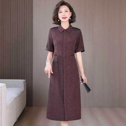 高品质减龄中年女真丝桑蚕丝连衣裙夏新款显瘦休闲宽松开衫妈妈裙
