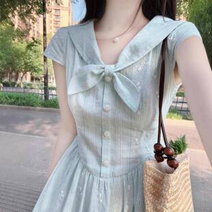 新款 韩系减龄条纹连衣裙夏季 蝴蝶结海军领高级遮肉显瘦甜美长裙女