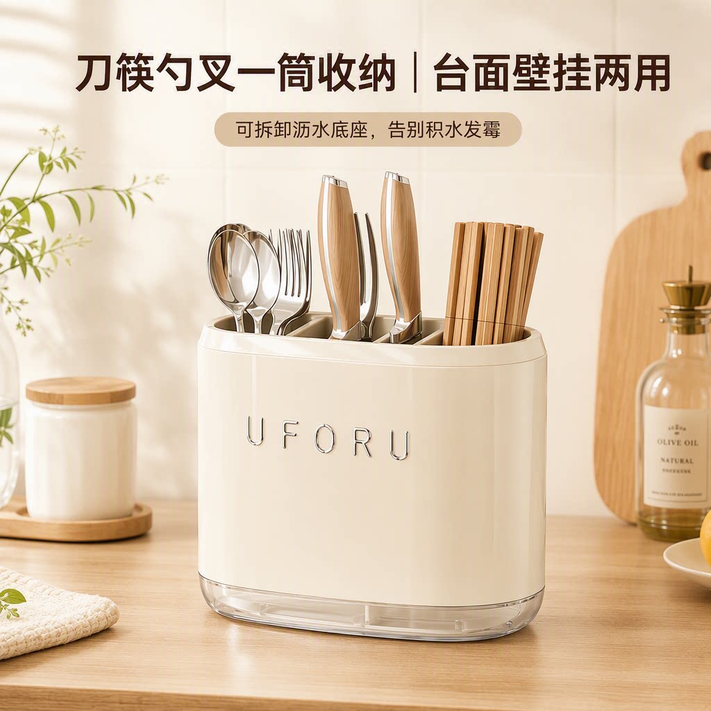 壁挂免打孔刀筷一体收纳盒