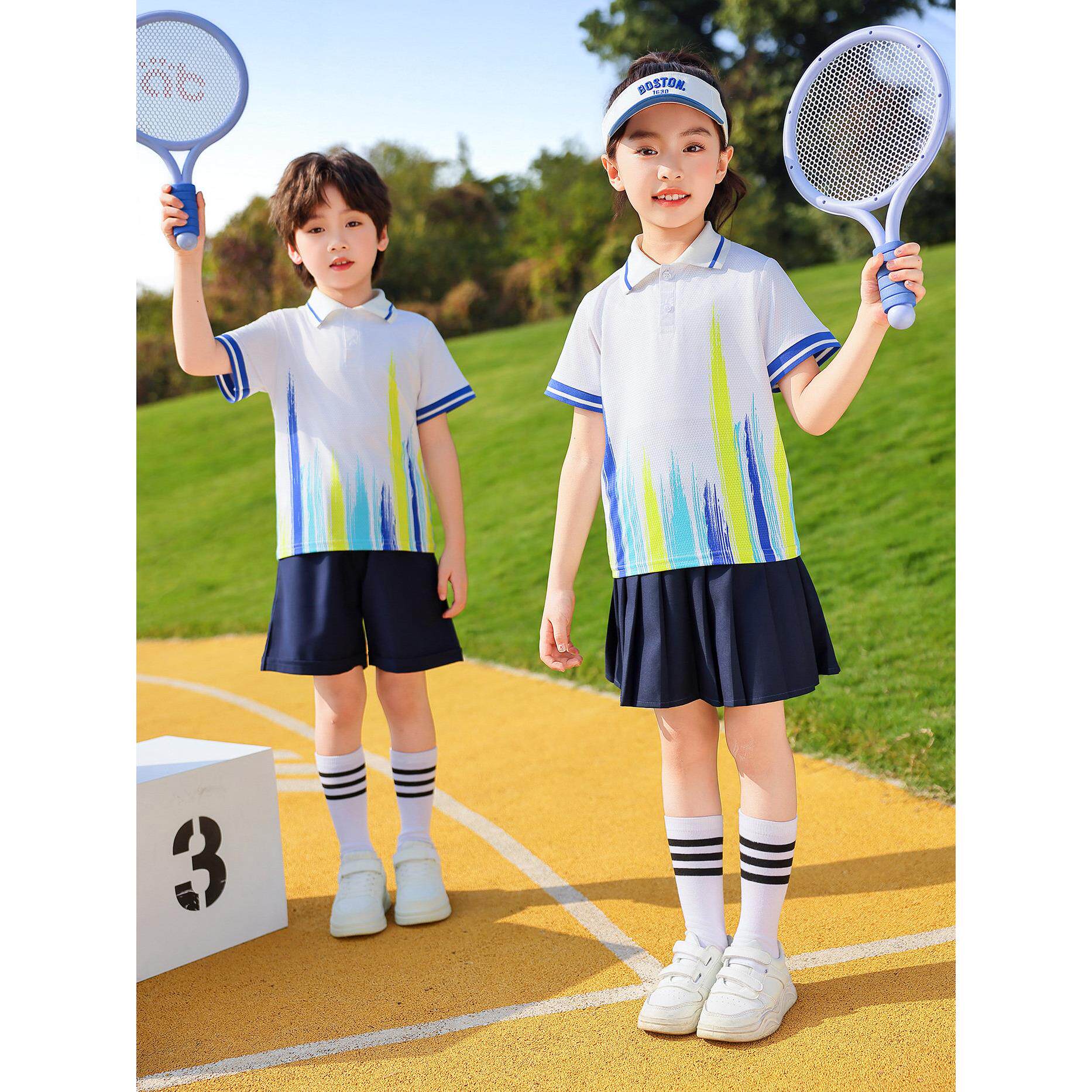 白色条纹夏季运动套小学生