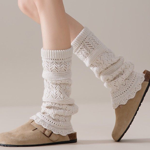法式镂空花边腿套女微喇堆堆袜套秋冬复古羊毛针织灰色脚套中长袜