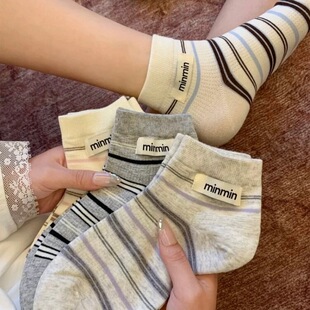 透气网眼韩版 棉袜薄款 布标ins潮短筒袜 款 条纹袜子女中筒袜春夏季