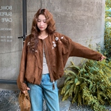 咖色刺绣麂皮绒外套女2025秋季新款超好看复古宽松小个子圆领上衣，女装短外套，浙宝101