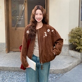 咖色刺绣麂皮绒外套女2025秋季新款超好看复古宽松小个子圆领上衣，女装短外套，浙宝101