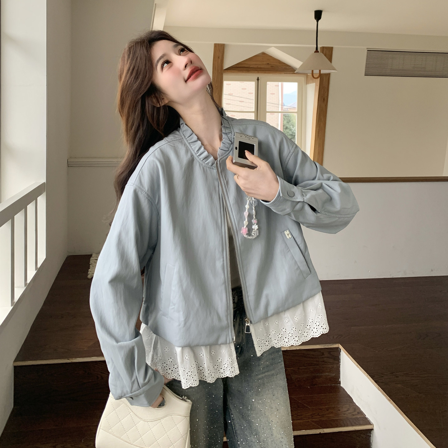 【现货现货】2026春装新款皮衣短外套蕾丝拼接B101-2683-P155K248，女装皮衣，浙宝101