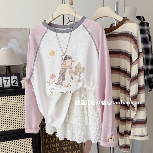 软妹可爱企鹅印花插肩宽松T恤