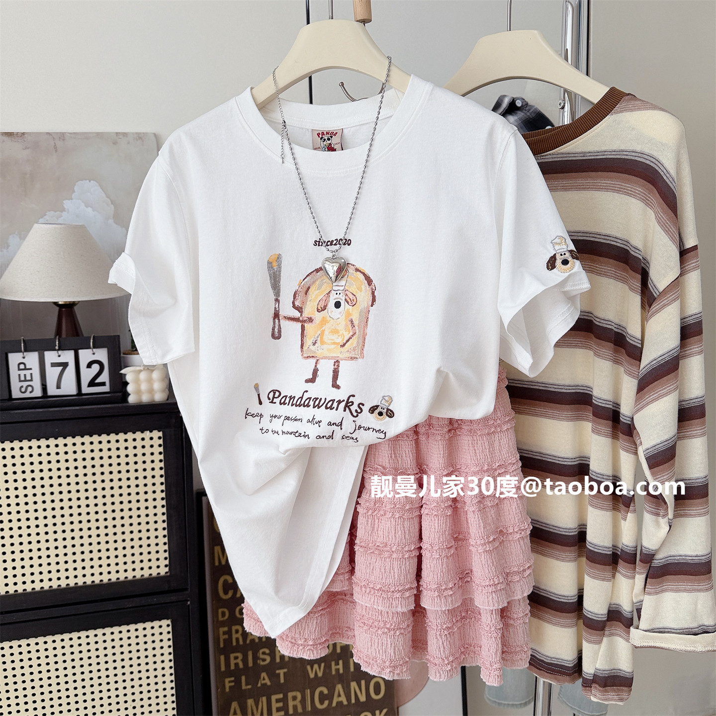 纸袋家~水洗纯棉韩系卡通印花短袖T恤女白色宽松大码简约百搭上衣