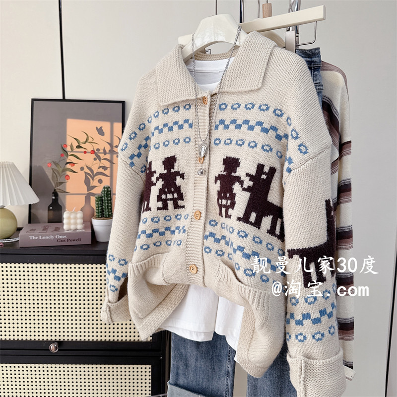 韩国东大门秋冬翻领韩系提花单排扣宽松针织开衫外套女上衣毛衣潮,女装/女士精品,毛针织衫,淘宝优惠券,粉丝福利购,淘宝优惠卷