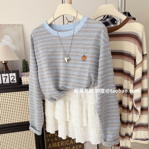 早秋新款宽松大码经典条纹T恤
