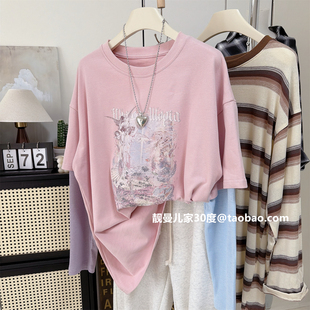 上衣韩系温柔显白假两件长袖 不等袖 T恤 秋冬磨毛棉宽松大码 自留款