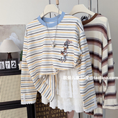 T恤衫 俏皮软语 潮 宽松大码 韩系卡通刺绣条纹上衣休闲长袖 春款 女装