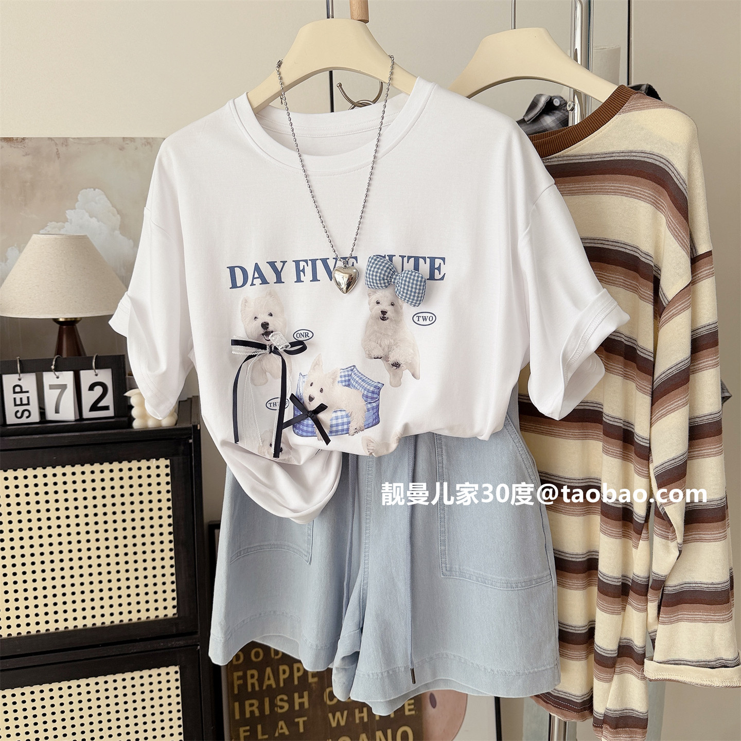 简约可爱~中长款宽松大版西高地印花短袖T恤韩系减龄蝴蝶结上衣女